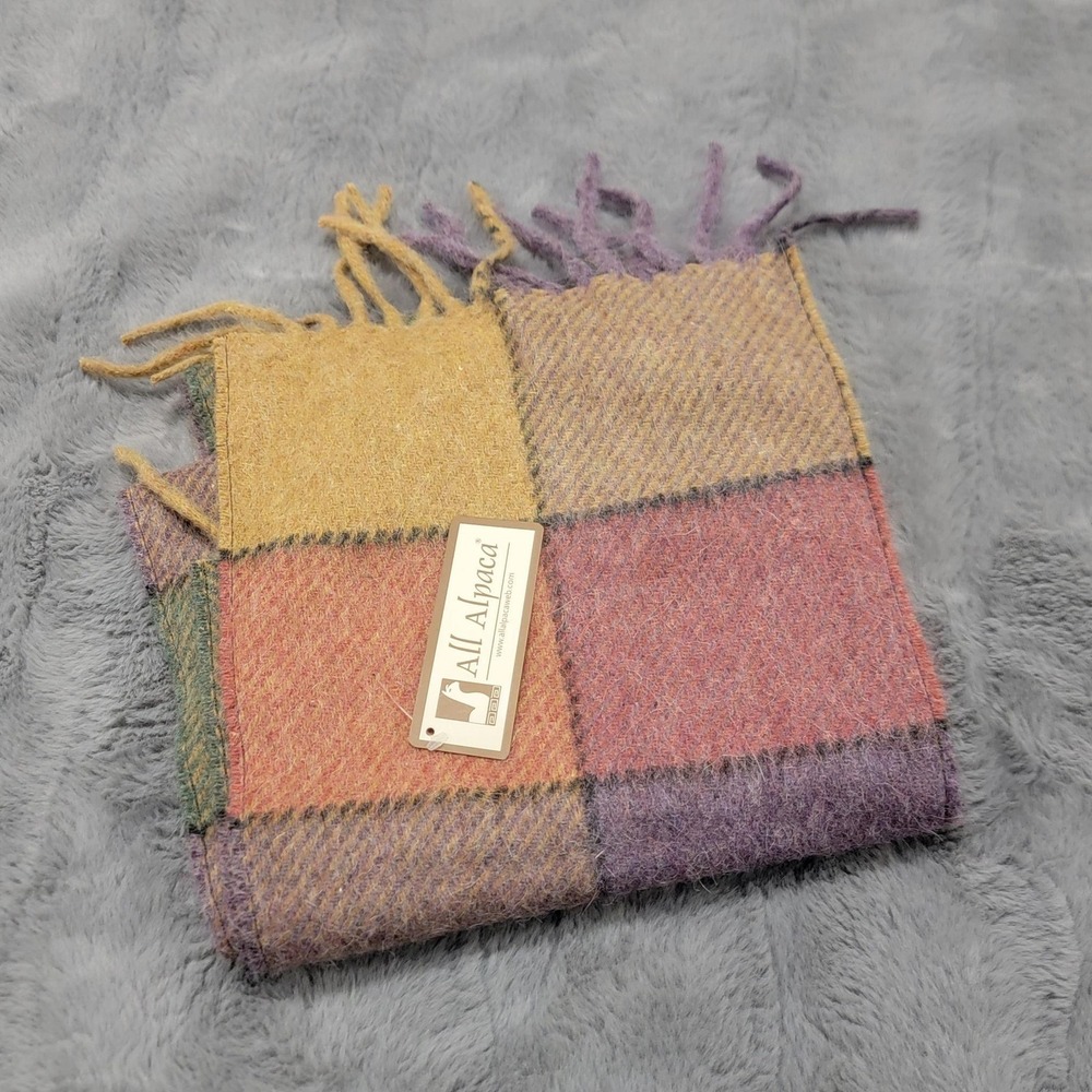 All Alpaca Wool Scarf Womens Multicolor 72" Check Soft Fringe Winter Peru Made